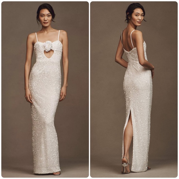 New! Helsi x Anthropologie Lyla White Sequin Rose Keyhole Column Maxi Dress🤍 Lrg - Picture 2 of 15